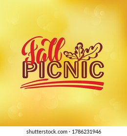 Vector illustration of fall picnic lettering for banner, advertisement, poster, invitation, web design or print. Handwritten text on yellow gradient background
