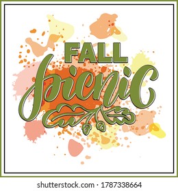 Vector illustration of fall picnic lettering for banner, advertisement, poster, invitation, web design or print. Handwritten text with red, orange and yellow watercolor background
