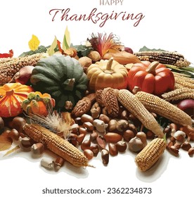 Ilustración vectorial de la vida residual de caída. Abundancia de la cosecha. Gran vida con cosecha de otoño. Composición con calabaza y otras diversas verduras sobre fondo blanco con texto Feliz Día de Acción de Gracias