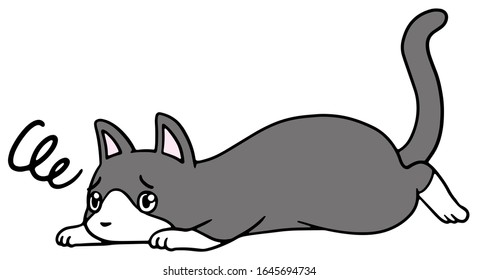 Vector illustration of a fallen black and white cat with troubled face