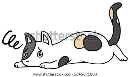 Vector illustration of a fallen calico cat with troubled face