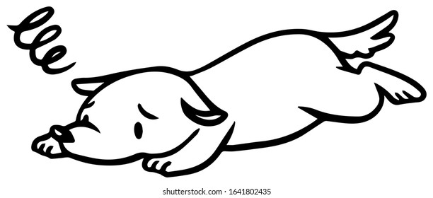 Vector illustration of a fallen dog with troubled face(outline)