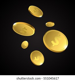 Vector Illustration of fallen golden coins. Money illustration isolated on black background.