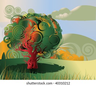 vector illustration, fallen landscape, card concept.