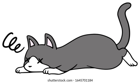 Vector illustration of a fallen  weak black and white cat