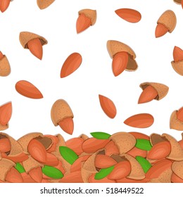 Vector illustration of falling almond nuts. Background of a nut. Pattern of a almond fruit in the shell, whole, shelled, leaves appetizing looking for packaging design of healthy food