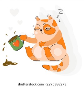 Vector illustration of a falling asleep cat holding a cup of coffee. Flat cartoon character. Sleepy disgruntled cat wants coffee to wake up. Coffee spills. Good morning. Postcard, clothes design.