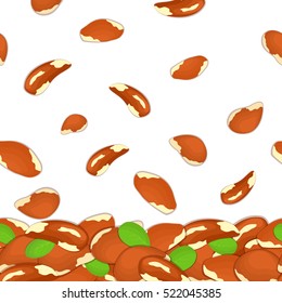 Vector illustration of falling brazilnut nuts. Background of a brazilian nut. Pattern of a walnut fruit in the shell, whole, shelled, leaves appetizing looking for packaging design of healthy food