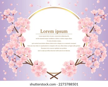 Vector illustration of Falling cherry blossoms, crossed cherry blossom branches and circle frame with golden lines (purple)