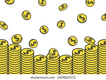 Vector illustration of falling dollar coins and neatly stacked coins.