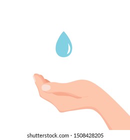 Vector illustration of falling drop of water in hand. Flat design liquid clean and wash background. Save water earth recourses ecological concept for environmental infographic