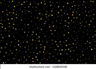 Vector Illustration of Falling golden stars on dark background. Golden Stars Confetti. Christmas, New Year celebration holiday background.