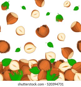 Vector illustration of falling hazelnut nuts. Background of a nut. Pattern of a walnut fruit in the shell, whole, shelled, leaves appetizing looking for packaging design of healthy food