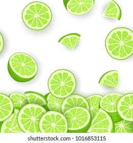 Vector illustration of falling lime fruit. Green lemon vector pattern citrus fruits whole and slice for design of food packaging breakfast, detox, cosmetics cream, jam, juice.