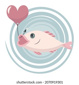 Vector illustration of a falling in love fish with a spark in its eye is caught on a fishing hook by a pink heart as a bait. The silly fish on a hook is admired and deceived by false love.