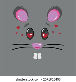 Ilustración vectorial de un ratón enamorado con cara linda sobre fondo gris. Caricatura de un ratón con bigotes y corazones