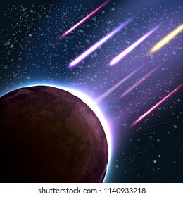 Vector illustration of falling meteorite comets fireballs asteroids shower rain enters on a planet earth atmosphere