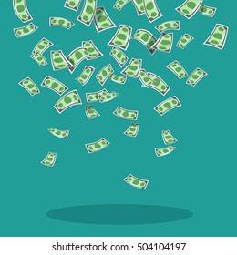 Vector illustration of falling money banknotes dollars blue background. Design concept money rain flat style. Abundance, luck and success