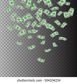 Vector illustration of falling money banknotes dollars isolated. Design concept money rain flat style. Abundance, luck and success