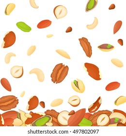 Vector illustration of falling nuts. Background of a cashew, brazilnut, walnut, hazelnut, peanut, pistachios almond nut on white pattern. Nuts elements of packaging design, brochures on healthy eating
