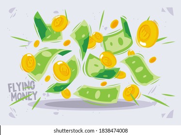 Vector illustration of falling paper money with gold coins, flying money