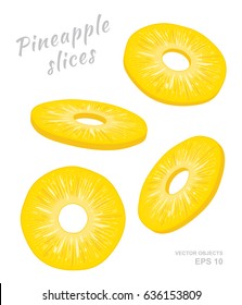 Vector illustration of falling pineapple slices isolated on white background. A cut rings of fresh exotic fruit. Set of four Different angles of view. Natural eco product