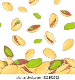 Vector illustration of falling pistachios nuts. Background of a pistachio nut. Pattern of a walnut fruit in the shell, whole, shelled, leaves appetizing looking for packaging design of healthy food