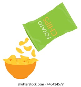 Vector illustration falling potato chips in orange bowl from green pack . Chips bag