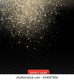 Vector illustration of a falling shiny golden glitters, confetti, sparks on a black background. Texture of falling golden sequins, foil