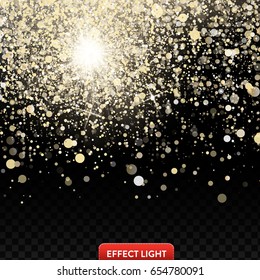 Vector illustration of a falling shiny golden glitters, confetti, firework on a black background. Texture of burst with golden sequins, foil