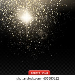 Vector illustration of a falling shiny golden glitters, confetti, sparks with light effect on a black background. Texture of burst with golden sequins, foil