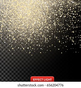 Vector illustration of a falling shiny golden glitters, confetti on a black background. Texture of falling golden sequins, foil