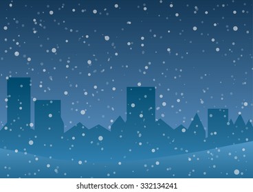 Vector illustration. Falling snow on the background of the city.