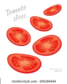 Vector illustration of falling tomato slices isolated on white background. A cut rings of fresh ripe vegetables. Set of four different angles of view. Natural eco product