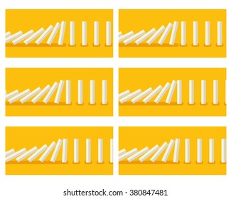 Vector illustration of falling white dominoes animation sprite with yellow background 