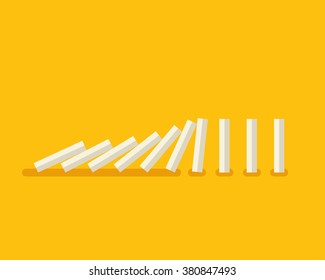 Vector illustration of falling white dominoes on yellow background 
