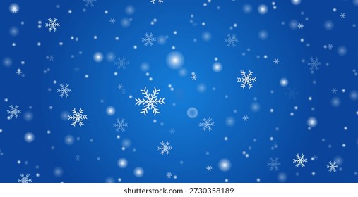 Ilustración vectorial de copos de nieve blancos que caen y luces bokeh sobre un fondo azul degradado. Abstractas diseño invernal para Navidades y fiestas de Año Nuevo.