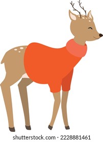Vector illustration of fallow deer in orange sweater in cartoon style	
