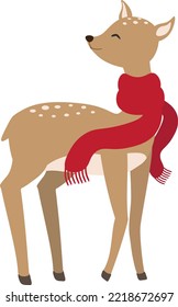 Vector illustration of fallow deer in red scarf in cartoon style