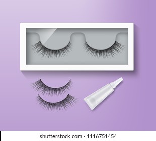 Vector illustration of false eyelashes in packaging and glue tube. Pair of black long lashes on purple background