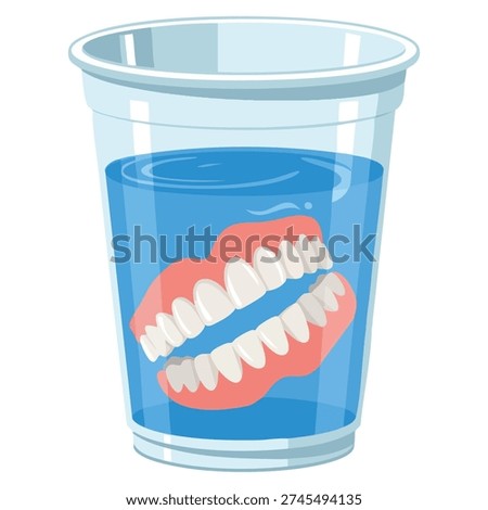 Vector illustration of false teeth in water glass on white background representing dentures dental prosthetic oral care and healthcare themes