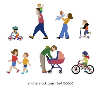 A vector illustration of families, adults, children and baby  in outdoors. People on the street in different activity situation - walking, cycling isolated on white background. Character set.