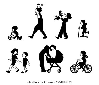 A vector illustration of families, adults, children and babies in outdoors. People on the street in different activity situation - walking, cycling isolated on white background. Character set.