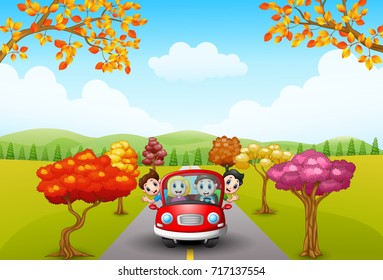 Vector illustration of Families drive in autumn