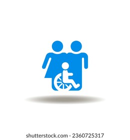 Vector illustration of familiy with disabled child. Icon of disabilities care. Symbol of ADA Americans Disability Act. Sign of protection of rights of invalid.