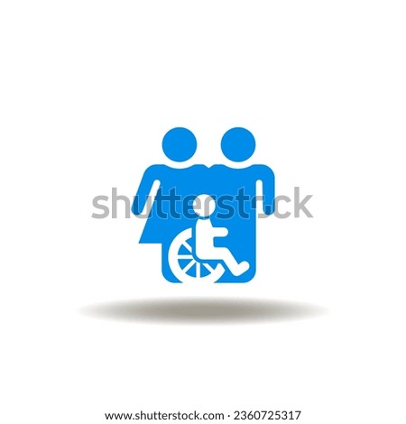 Vector illustration of familiy with disabled child. Icon of disabilities care. Symbol of ADA Americans Disability Act. Sign of protection of rights of invalid.