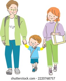 Vector illustration of family of 3 going shopping