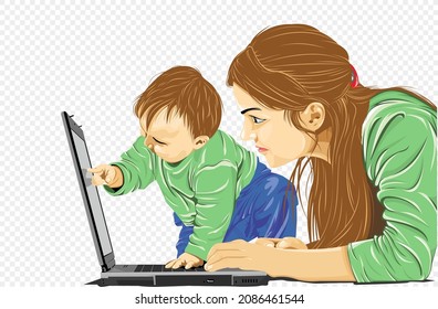 Vector illustration of family activities at home while working using a laptop, a mother with her child