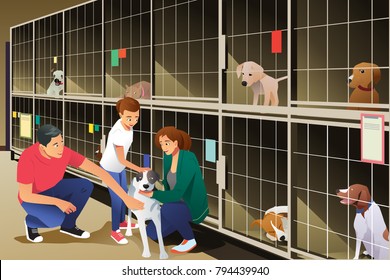 A vector illustration of Family Adopting a Dog from Animal Shelter