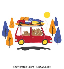 Vector illustration of family of bears going on a camping road trip in the woods
